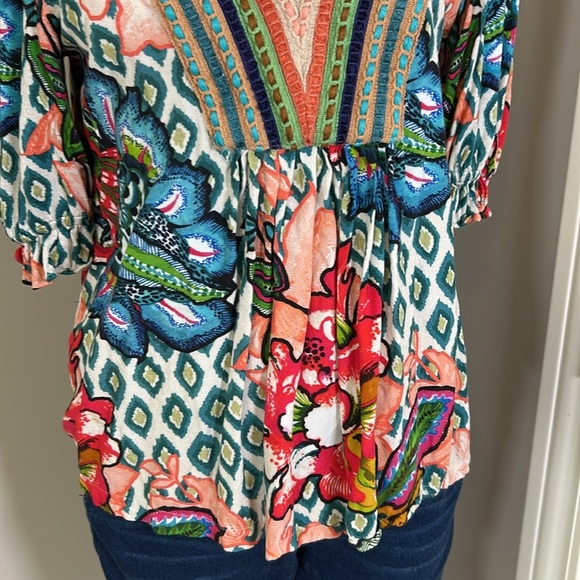 Blnk London Anthropologie STEPHANIE Blue Red Floral V Neck Top Embroiderd Sz S - Picture 4 of 16